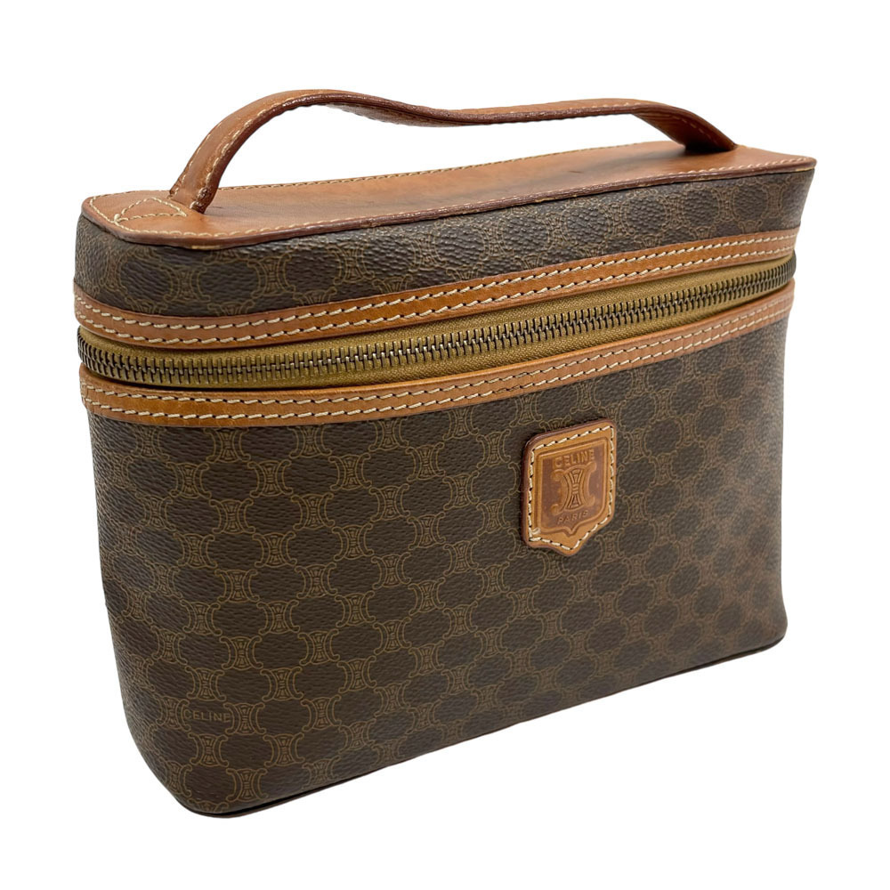 Celine Macadam Vanity Bag Cosmetic Handbag Zipper Brown